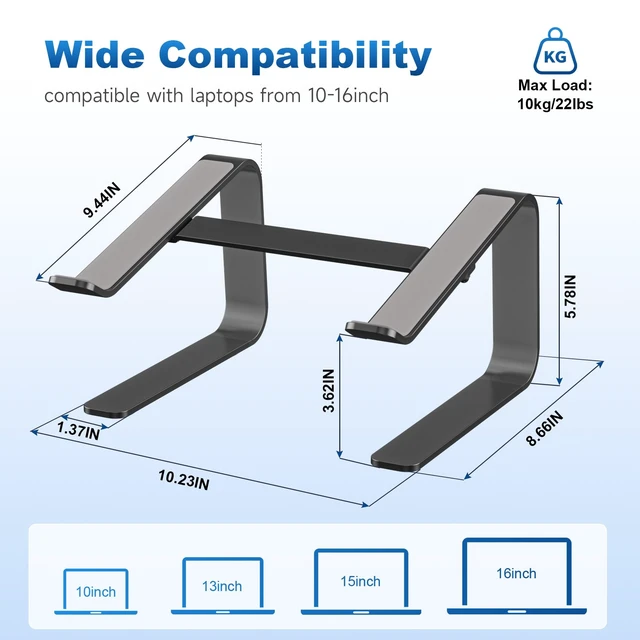 Alt view image 2 of 7 - Aluminum Laptop Stand,Ergonomic Detachable Computer Laptop Stand for Desk, Metal Computer Riser, Notebook Riser Heavy Stable PC Holder for 10-16" Laptops Notebook Computer, Black
