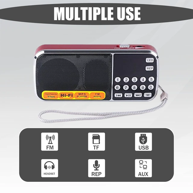 Alt view image 3 of 7 - Portable AM/FM Radio and MP3 Speaker, Mini Rechargeable Radio with 0-9 Number Keys for Direct Song & FM Tuning, TF Card/USB Support, Built-in Flashlight, Clear Reception (Red)