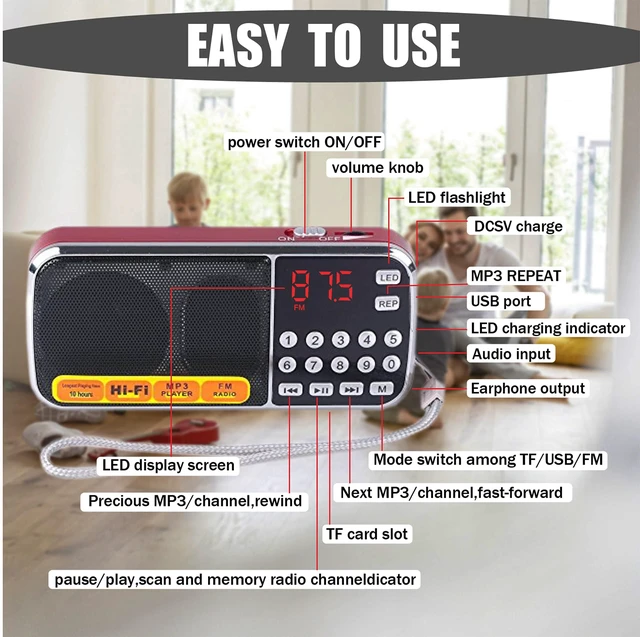 Alt view image 7 of 7 - Portable AM/FM Radio and MP3 Speaker, Mini Rechargeable Radio with 0-9 Number Keys for Direct Song & FM Tuning, TF Card/USB Support, Built-in Flashlight, Clear Reception (Red)