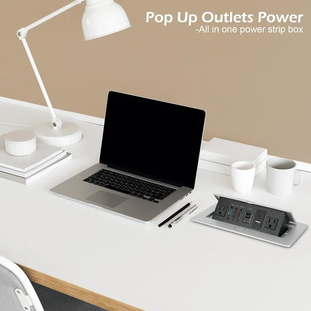 Alt view image 7 of 7 - Table Pop up Power Strip Box Desktop Pop Up Outlet Recessed Multimedia Strip Socket Conference Table Power Hub Hidden Table Connection Box with Outlet Network HDMI for Office Desk (Sliver-D)