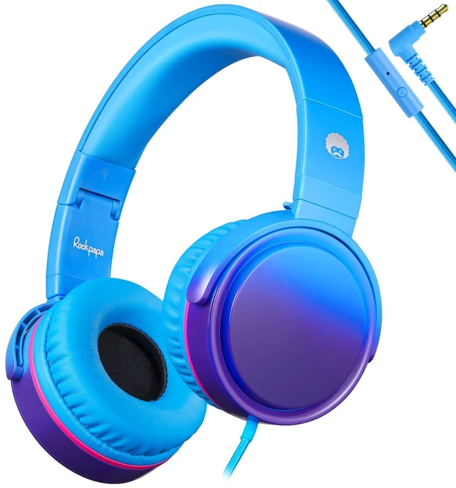 Main image of Grade Foldable On-Ear Wired Headphones with Microphone & 3.5mm Lightweight Stereo Corded School Head Phones with No-Tangle Cord for Adult/Kids, Laptop Phones Airplane Chromebooks Blue