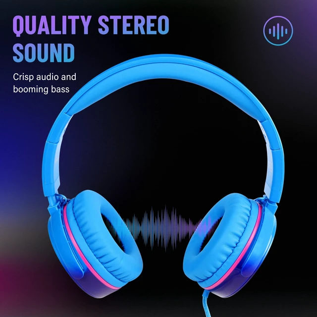 Alt view image 2 of 6 - Grade Foldable On-Ear Wired Headphones with Microphone & 3.5mm Lightweight Stereo Corded School Head Phones with No-Tangle Cord for Adult/Kids, Laptop Phones Airplane Chromebooks Blue