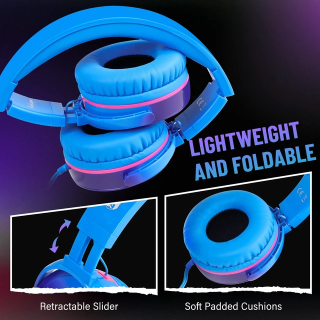 Alt view image 3 of 6 - Grade Foldable On-Ear Wired Headphones with Microphone & 3.5mm Lightweight Stereo Corded School Head Phones with No-Tangle Cord for Adult/Kids, Laptop Phones Airplane Chromebooks Blue