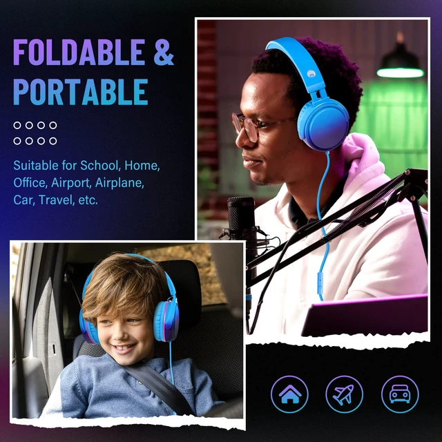 Alt view image 6 of 6 - Grade Foldable On-Ear Wired Headphones with Microphone & 3.5mm Lightweight Stereo Corded School Head Phones with No-Tangle Cord for Adult/Kids, Laptop Phones Airplane Chromebooks Blue