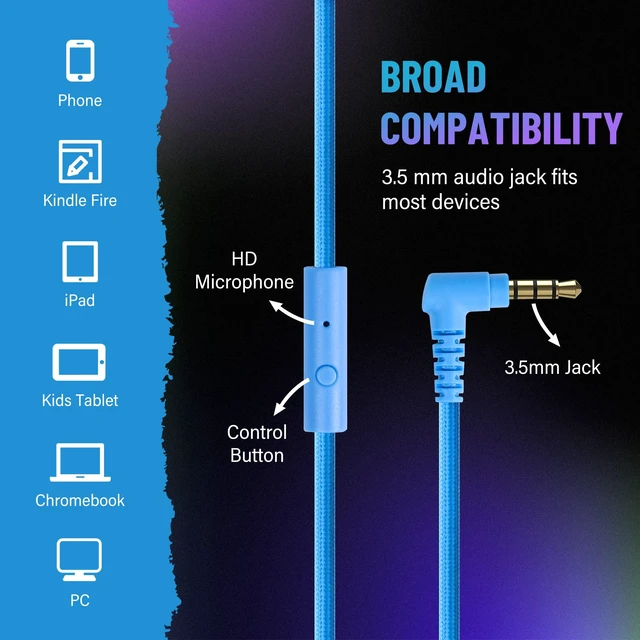 Alt view image 4 of 6 - Grade Foldable On-Ear Wired Headphones with Microphone & 3.5mm Lightweight Stereo Corded School Head Phones with No-Tangle Cord for Adult/Kids, Laptop Phones Airplane Chromebooks Blue