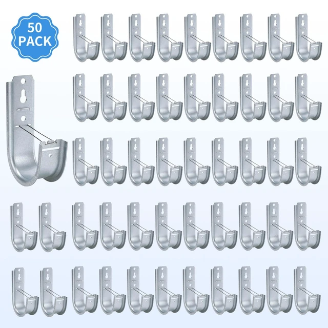 Alt view image 3 of 7 - 50 Pack 2-Inch Galvanized Steel Cable Support J-Hooks With Retainer Clips, Heavy Duty, Wall Mount Cable Management, For Structured Cabling & Organization