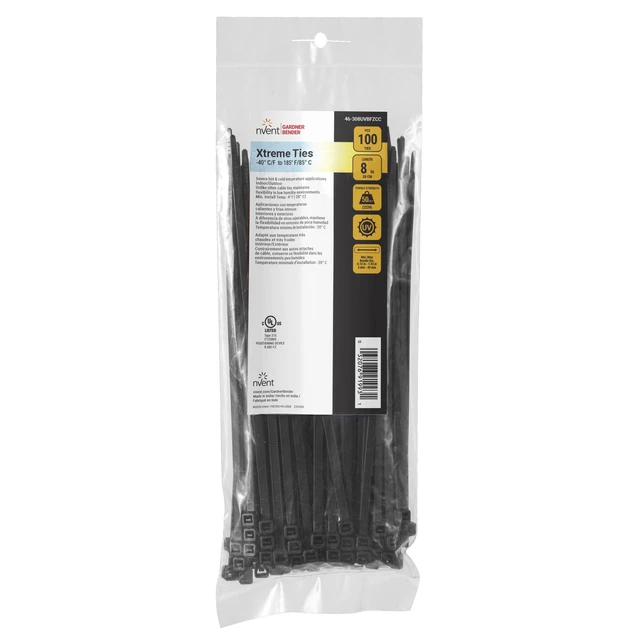Alt view image 3 of 7 - nVent 46-308UVBFZCC 8 in. Xtreme Temp Cable Ties, 100-Pack 8 in., 50 lb. Tensile Strength, UV-Resistant Black, Cold & Hot Weather Resistant Nylon (Formerly