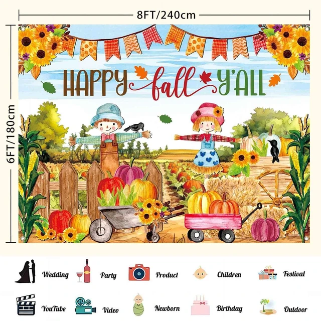 Alt view image 3 of 7 - 8x6ft Happy Fall Thanksgiving Backdrop Banner Pumpkin Patch Photography Background for Kids Fall Festival Party Decorations Photo Booth Backdrop Wall Decor Indoor Outdoor