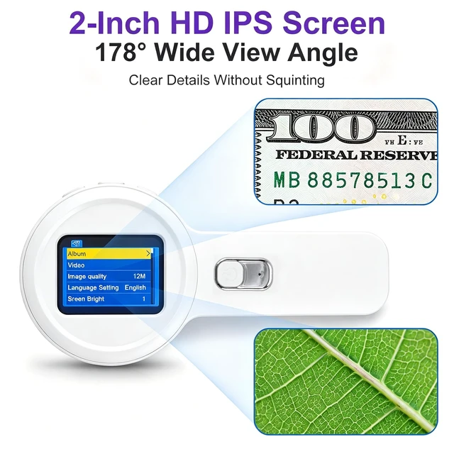 Alt view image 2 of 7 - Digital Magnifier, 10-200X Zoom, 2" IPS, LED & UV Light 10-200X Zoom, Fixed Focus Lens Shield, 2" IPS Screen, White/UV LED, Built-In Storage, 4TB MicroSD, Type-C, 500mAh, Anti-Slip