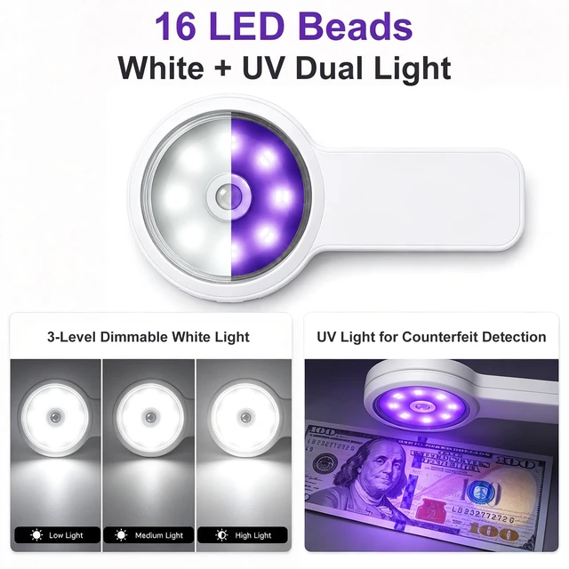Alt view image 4 of 7 - Digital Magnifier, 10-200X Zoom, 2" IPS, LED & UV Light 10-200X Zoom, Fixed Focus Lens Shield, 2" IPS Screen, White/UV LED, Built-In Storage, 4TB MicroSD, Type-C, 500mAh, Anti-Slip