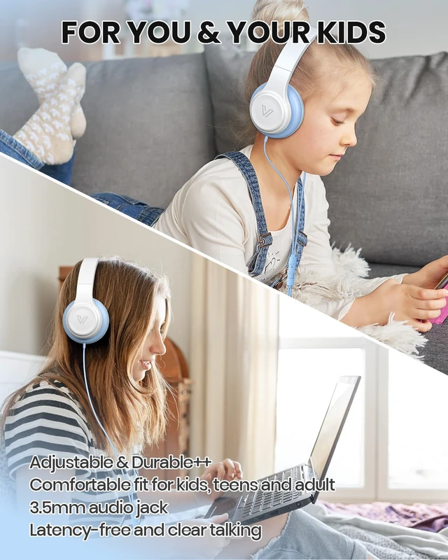 Alt view image 4 of 7 - GE01 On-Ear Headphones w/Mic, Portable Lightweight Folding Stereo Bass Headphones for Smartphone, Tablet, Computer - Kids School (Blue)