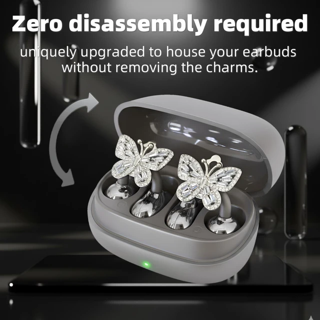 Alt view image 3 of 7 - Clip On Earbuds Jewelry, Open Ear Headphones Wireless Bluetooth Earring Clip-On Headphones, Fit Ears Cuff Headphones for Women, Jewelry Earring Earbuds for Work, Run & Sleep (Butterfly-Black)
