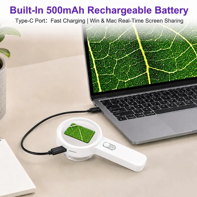 Alt view image 6 of 7 - Digital Magnifier, 10-200X Zoom, 2" IPS, LED & UV Light 10-200X Zoom, Fixed Focus Lens Shield, 2" IPS Screen, White/UV LED, Built-In Storage, 4TB MicroSD, Type-C, 500mAh, Anti-Slip