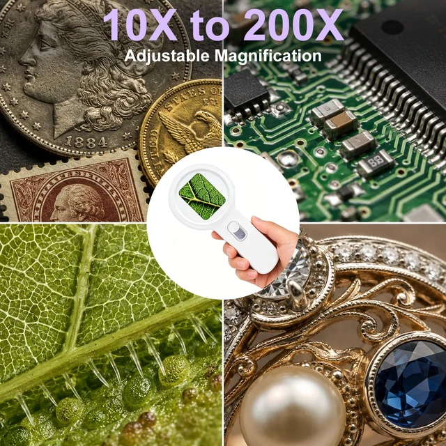 Alt view image 7 of 7 - Digital Magnifier, 10-200X Zoom, 2" IPS, LED & UV Light 10-200X Zoom, Fixed Focus Lens Shield, 2" IPS Screen, White/UV LED, Built-In Storage, 4TB MicroSD, Type-C, 500mAh, Anti-Slip