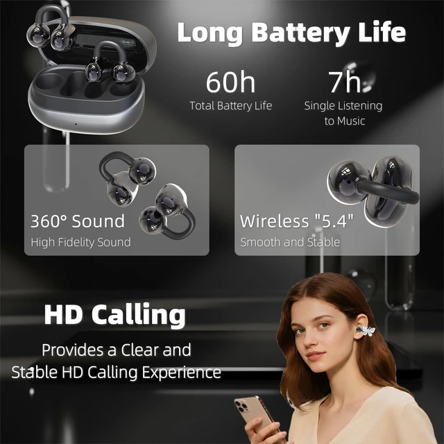 Alt view image 7 of 7 - Clip On Earbuds Jewelry, Open Ear Headphones Wireless Bluetooth Earring Clip-On Headphones, Fit Ears Cuff Headphones for Women, Jewelry Earring Earbuds for Work, Run & Sleep (Butterfly-Black)