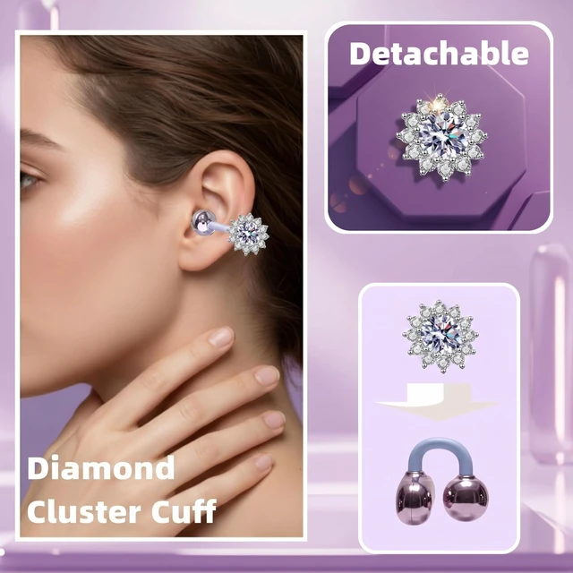 Alt view image 3 of 4 - Clip On Earbuds Jewelry, Open Ear Headphones Wireless Bluetooth Earring Clip-On Headphones, Fit Ears Cuff Headphones for Women, Jewelry Earring Earbuds for Work, Run & Sleep (Diamond-Purple)