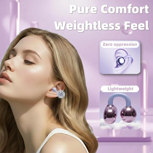 Alt view image 2 of 4 - Clip On Earbuds Jewelry, Open Ear Headphones Wireless Bluetooth Earring Clip-On Headphones, Fit Ears Cuff Headphones for Women, Jewelry Earring Earbuds for Work, Run & Sleep (Diamond-Purple)
