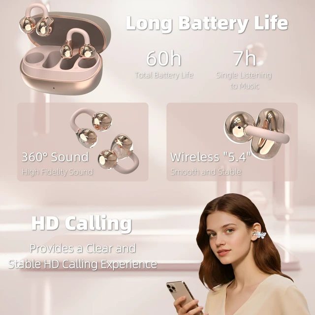 Alt view image 7 of 7 - Clip On Earbuds Jewelry, Open Ear Headphones Wireless Bluetooth Earring Clip-On Headphones, Fit Ears Cuff Headphones for Women, Jewelry Earring Earbuds for Work, Run & Sleep