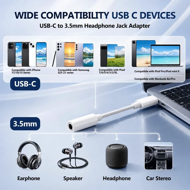Alt view image 4 of 7 - 20pack USB C to 3.5mm Headphone Jack Adapter,Type C Aux Audio Dongle Cable Compatible with iPhone 17/16/15/15 Plus/15 Pro/15 Pro Max/iPad/Pixel, Compatible with Samsung Galaxy S25/S24/S23/S22