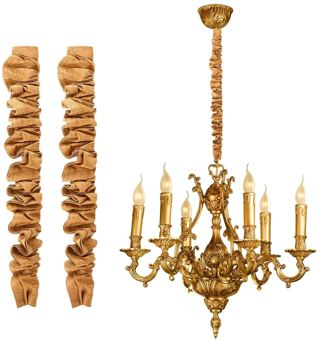 Main image of 2 Pack 4 ft Brown Faux Burlap Cord Covers for Chandelier Chains, Brown Hook and loop side opening, wrap around installation on lamp wires, adjustable gathers, removable design, trim to fit fabric