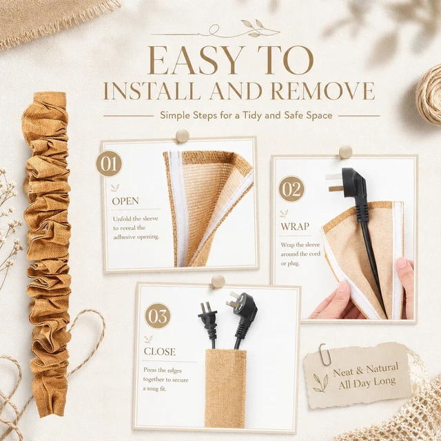 Alt view image 3 of 6 - 2 Pack 4 ft Brown Faux Burlap Cord Covers for Chandelier Chains, Brown Hook and loop side opening, wrap around installation on lamp wires, adjustable gathers, removable design, trim to fit fabric