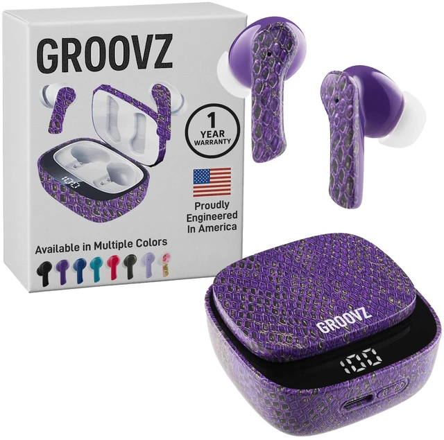 Main image of True Wireless Earbuds with Charging Case - Designed and Engineered in the USA - IPx4 Water Resistant Bluetooth Earbuds Compatible with Apple and Android - 27Hrs Battery Life - Purple Python