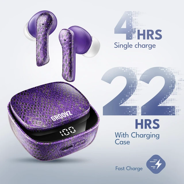 Alt view image 2 of 7 - True Wireless Earbuds with Charging Case - Designed and Engineered in the USA - IPx4 Water Resistant Bluetooth Earbuds Compatible with Apple and Android - 27Hrs Battery Life - Purple Python