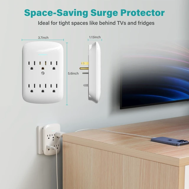 Alt view image 6 of 6 - Surge Protector Wall Mount 6-Outlet Extender 4 Pack, 3 Prong Grounded Multi Plugs Power Strip Adapter Tap with Indicator Light, 15A/125V Low-Profile for Home & Office & Travel -ETL-White