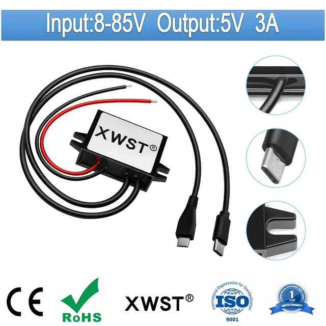 Alt view image 2 of 7 - DC DC 8-85V to 5V USB Converter 12V 24V 36V 48V 60V 72V to 5V 3A 15W with Type C and USB Output Power Adapter Converter Voltage Buck Regulator,Step-Down Module,Waterproof Transformer