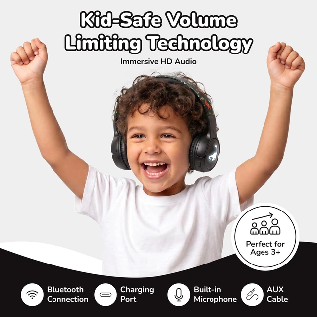 Alt view image 3 of 7 - Kids Safe Wireless Light Up Headphones, Foldable Tangle-Free 3.5mm Jack, Volume Limiting 85/94dB, Over-Ear with Microphone for School/Toddlers/Teens/Boys/Girls/Ipad/Tablet/Kindle/Phones/Travel/Plane