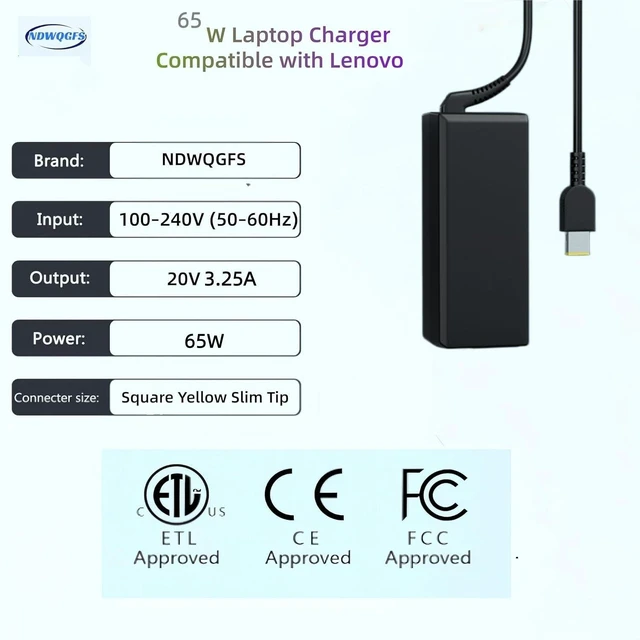 Alt view image 2 of 5 - 65W Laptop Charger Compatible with Lenovo ThinkPad T470 T460 T450 T440 T560 X270 X260 X250 X240 & E Series AC Adapter with Yellow Square Tip Replacement for ADLX65NLC2A ADLX65NCC3A 0B47481