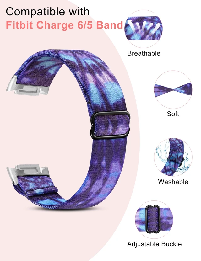 Alt view image 2 of 6 - Elastic Band Compatible with Fitbit Charge 6/Charge 5 Bands Women 3 Packs Adjustable Stretchy Loop Strap Soft Nylon Sport Wristband Accessories for Charge 6/5 Women Men