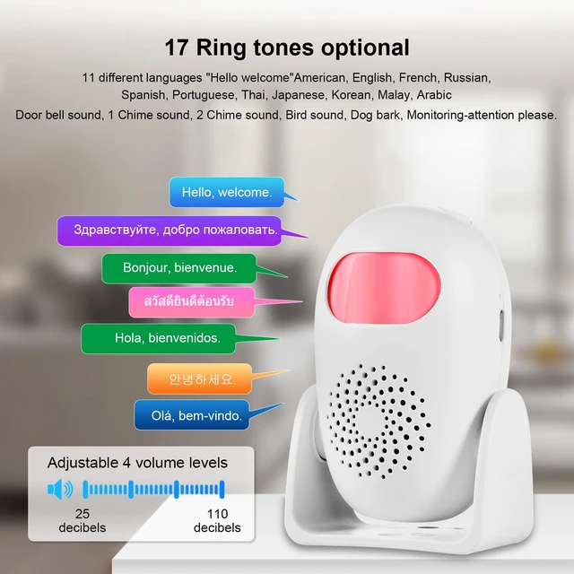 Alt view image 3 of 7 - Motion Sensor Alarm with 17 Chimes 3 Alarm Modes 4 Volume Levels Wireless Motion Detector Alarm with Remote 110dB Home Security Alarm (2 Motion Detector, 2 Remote Control)