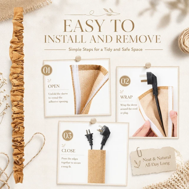 Alt view image 3 of 6 - 2 Pack 9 ft Brown Faux Burlap Cord Covers for Chandelier Chains Hook and Loop Side Opening, Wrap Around Installation on Lamp Wires, Adjustable Gathers, Removable Design, Trim to Fit Fabric