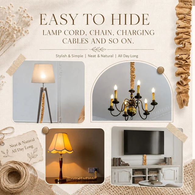Alt view image 6 of 6 - 2 Pack 9 ft Brown Faux Burlap Cord Covers for Chandelier Chains Hook and Loop Side Opening, Wrap Around Installation on Lamp Wires, Adjustable Gathers, Removable Design, Trim to Fit Fabric