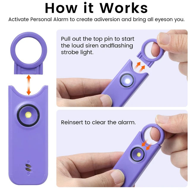 Alt view image 2 of 6 - Personal Safety Alarm - 135dB Ultra Loud Siren with LED Strobe Light, USB-C Rechargeable, Compact Keychain Alarm for Women/Men, Emergency Flashlight & Vibration Alert(Purple)