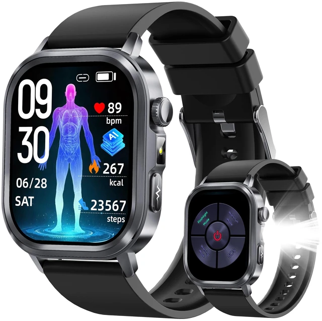 Main image of Smart Watches for Men Women, AMOLED Fitness Tracker with 24/7 Heart Rate/Stress/Sleep Monitor, Answer/Make Calls, AI Watch Face, AI Voice, Flashlight, IP68 Waterproof Pedometer for Android iOS
