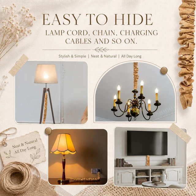 Alt view image 6 of 6 - 2 Pack 6 ft Brown Fabric Cord Covers for Chandelier Chains, Hook and Loop Warm Woven Texture; 5.12 in Coverage Width; Cut-to-fit Fabric; Wraps Installed Wiring; Christmas Rustic Boho Decorative