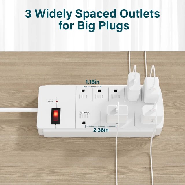 Alt view image 2 of 6 - Surge Protector Power Strip with 4 Ft Extension Cord, 8 Widely Spaced Outlets with Safety Cover, 45 Degree Flat Plug Wall Mountable Multi Outlet Extender, Heavy Duty 14AWG, 1200J/125V,ETL-White