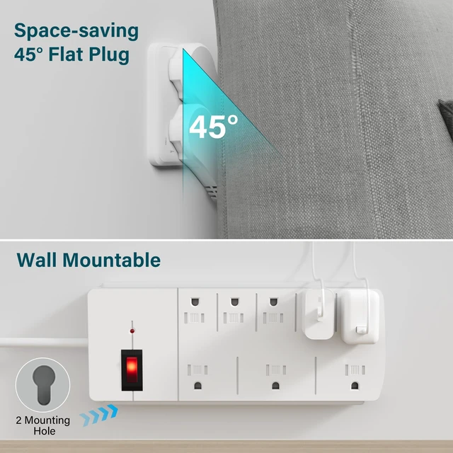 Alt view image 3 of 6 - Surge Protector Power Strip with 4 Ft Extension Cord, 8 Widely Spaced Outlets with Safety Cover, 45 Degree Flat Plug Wall Mountable Multi Outlet Extender, Heavy Duty 14AWG, 1200J/125V,ETL-White