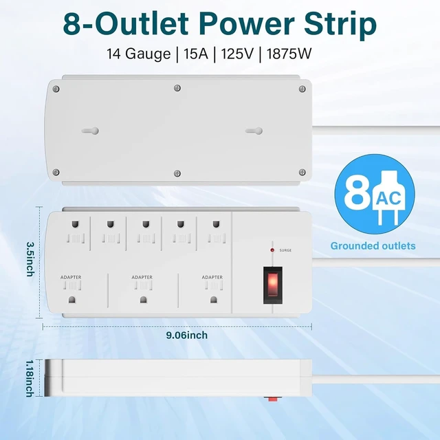 Alt view image 4 of 6 - Surge Protector Power Strip with 4 Ft Extension Cord, 8 Widely Spaced Outlets with Safety Cover, 45 Degree Flat Plug Wall Mountable Multi Outlet Extender, Heavy Duty 14AWG, 1200J/125V,ETL-White