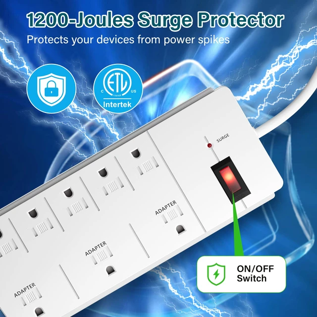 Alt view image 5 of 6 - Surge Protector Power Strip with 4 Ft Extension Cord, 8 Widely Spaced Outlets with Safety Cover, 45 Degree Flat Plug Wall Mountable Multi Outlet Extender, Heavy Duty 14AWG, 1200J/125V,ETL-White