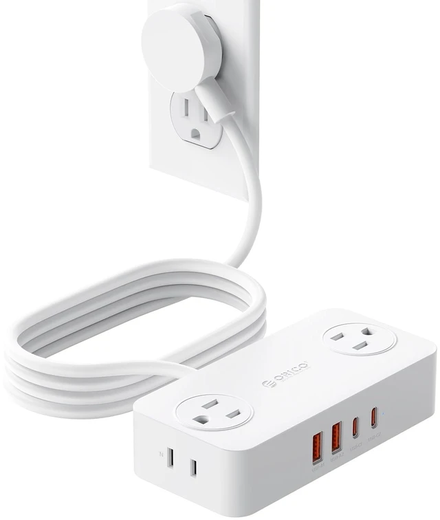 Main image of Power Strip with USB Ports, 5Ft Flat Plug Extension Cord 8 in 1 Multiple Outlets(AC*4, USB-C*2, USB-A*2) for Desk,Small Charging Station for Home, Office, Dorm, Room - CPR20 White
