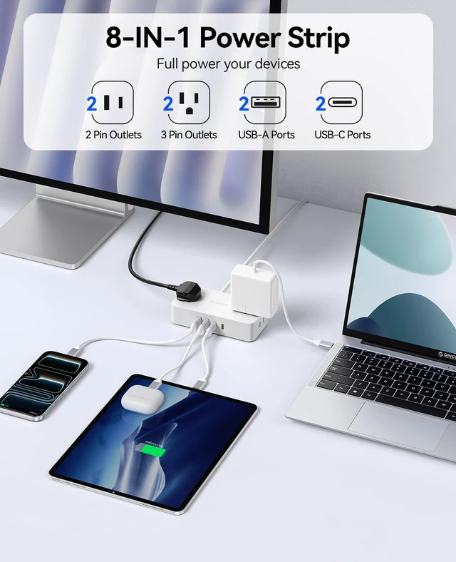 Alt view image 2 of 7 - Power Strip with USB Ports, 5Ft Flat Plug Extension Cord 8 in 1 Multiple Outlets(AC*4, USB-C*2, USB-A*2) for Desk,Small Charging Station for Home, Office, Dorm, Room - CPR20 White