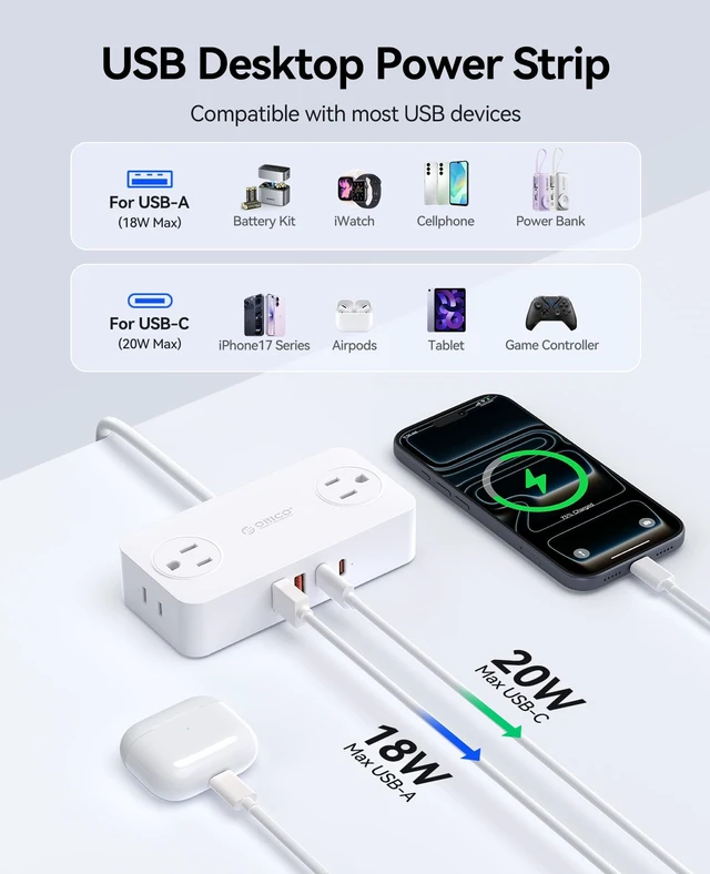 Alt view image 4 of 7 - Power Strip with USB Ports, 5Ft Flat Plug Extension Cord 8 in 1 Multiple Outlets(AC*4, USB-C*2, USB-A*2) for Desk,Small Charging Station for Home, Office, Dorm, Room - CPR20 White