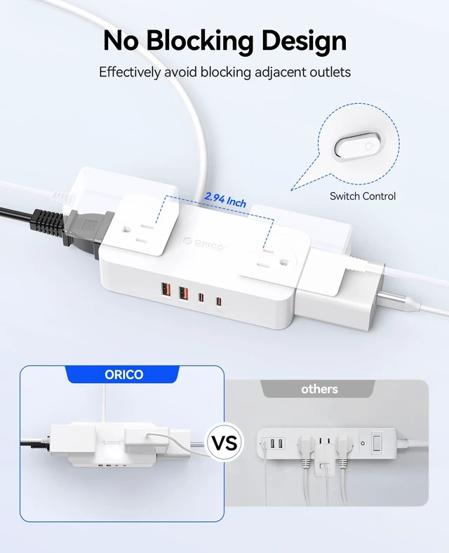 Alt view image 5 of 7 - Power Strip with USB Ports, 5Ft Flat Plug Extension Cord 8 in 1 Multiple Outlets(AC*4, USB-C*2, USB-A*2) for Desk,Small Charging Station for Home, Office, Dorm, Room - CPR20 White