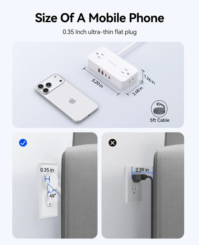 Alt view image 6 of 7 - Power Strip with USB Ports, 5Ft Flat Plug Extension Cord 8 in 1 Multiple Outlets(AC*4, USB-C*2, USB-A*2) for Desk,Small Charging Station for Home, Office, Dorm, Room - CPR20 White