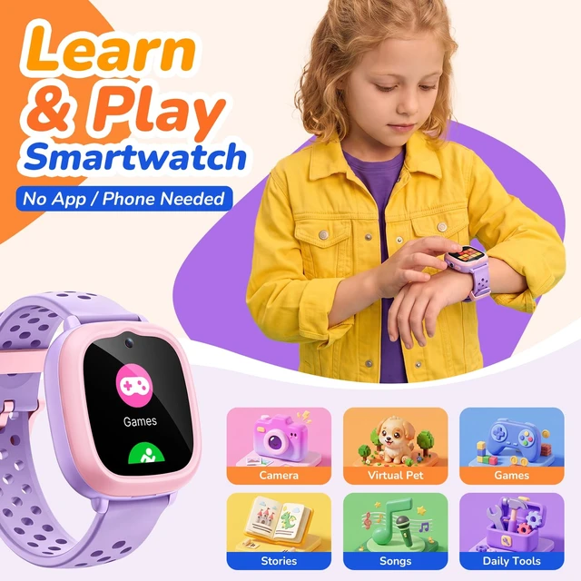 Alt view image 2 of 7 - Kids Smart Watch, Birthday Gift Toy for Girls and Boys Ages 4-12 No Phone/App Needed,Camera, Parent-Controlled Games, Stories & Songs, Pet Faces, Steps, 14-Day Battery, IP68,2 Bands & Bezels