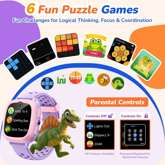 Alt view image 5 of 7 - Kids Smart Watch, Birthday Gift Toy for Girls and Boys Ages 4-12 No Phone/App Needed,Camera, Parent-Controlled Games, Stories & Songs, Pet Faces, Steps, 14-Day Battery, IP68,2 Bands & Bezels
