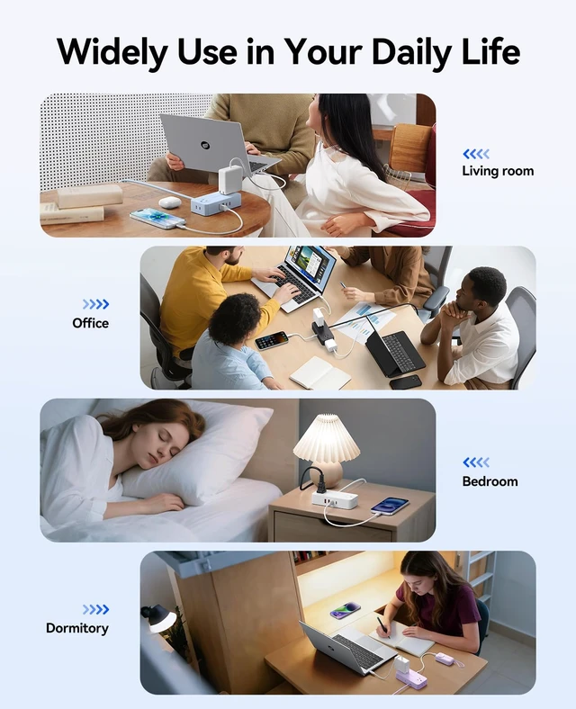 Alt view image 7 of 7 - Power Strip with USB Ports, 5Ft Flat Plug Extension Cord 8 in 1 Multiple Outlets(AC*4, USB-C*2, USB-A*2) for Desk,Small Charging Station for Home, Office, Dorm, Room - CPR20 White